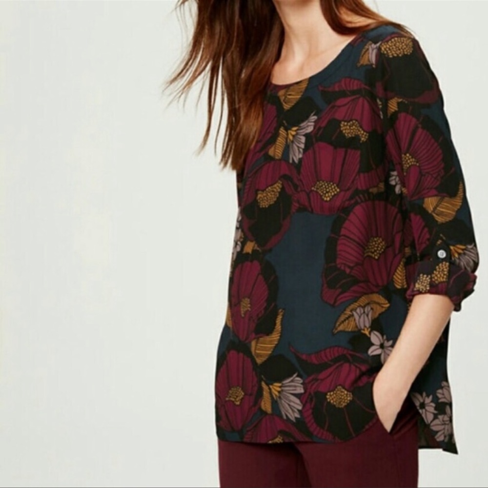 LOFT Autumn Blossom Front Pocket Roll Tab Polyester Career Blouse
